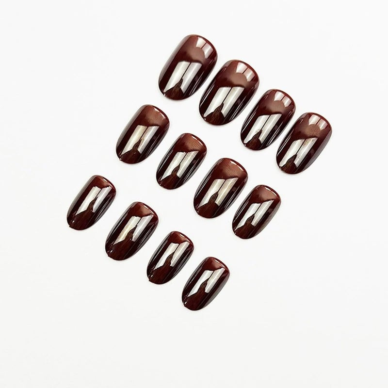juggssa Short Press on Nails Oval Fake Nails Coffee Brown Acrylic Glue on Nails Almond Shape Magic Mirror Gel Acrylic Press on False Nail Kit Full Cover Reusable Stick on Nails for Women Girls 24PCS - Image 4